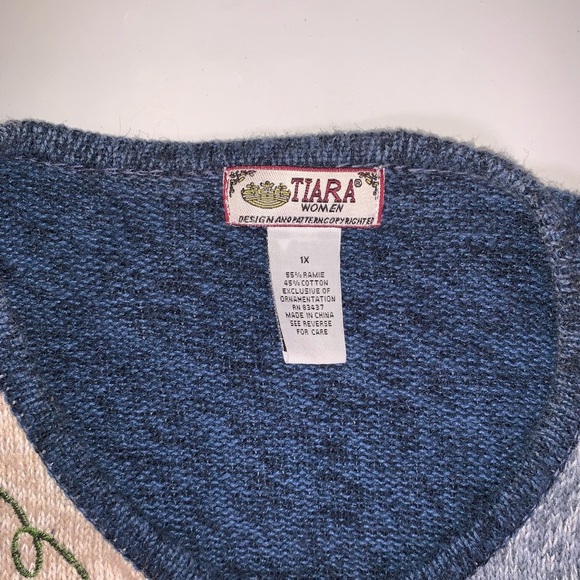 Vintage Fall Autumn Thanksgiving Blue Patchwork Embroidered Knit Zip Sweater 1X - Picture 4 of 16